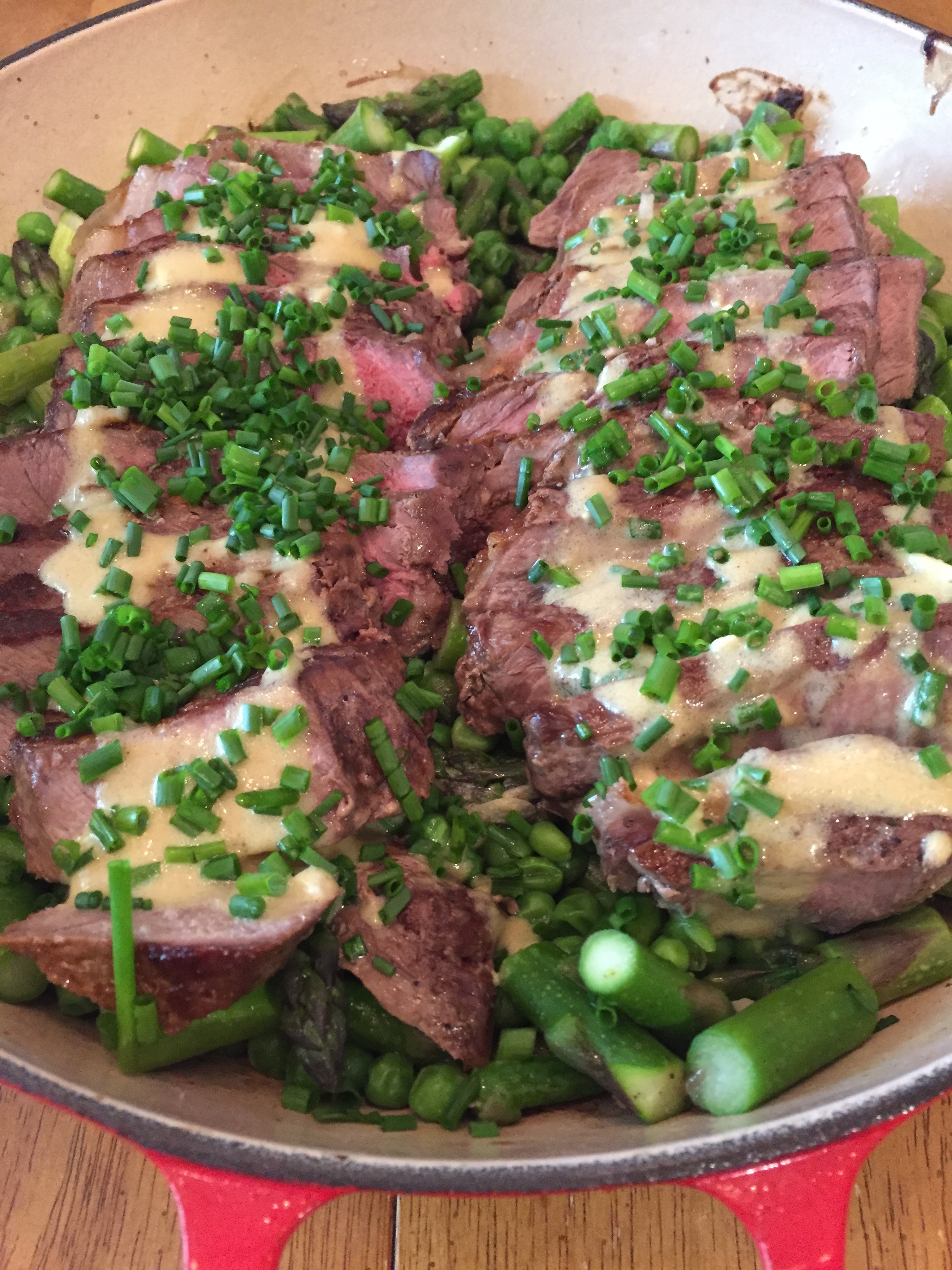 One-Skillet Strip Steak with Asparagus, Peas, and Spicy Mustard Recipe