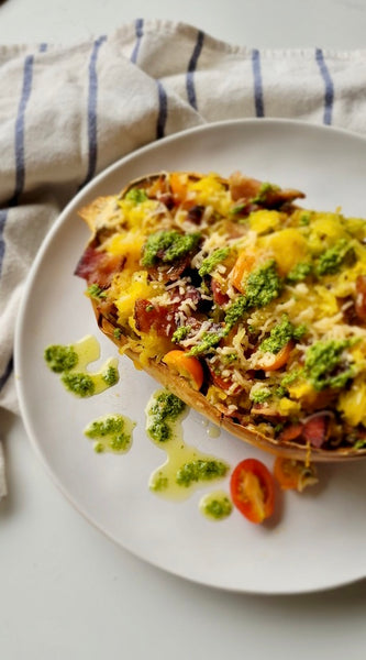 Tomato Bacon Stuffed Spaghetti Squash with Basil Pesto